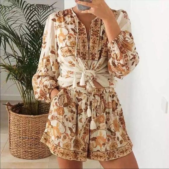 Tops - Bohemian Floral Print Tunic Peasant Top Yellow